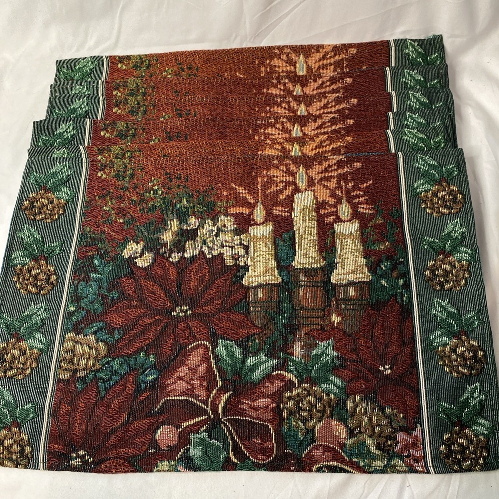 Set Of 6 Vintage Christmas Tapestry Placemats Holiday Poinsettia Pinecone Candle